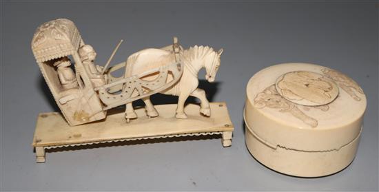 Indian ivory horse and carriage group and an ivory jar & cover